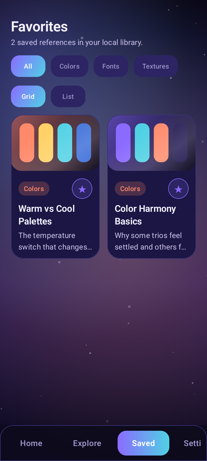 Palette Reference favorites screen
